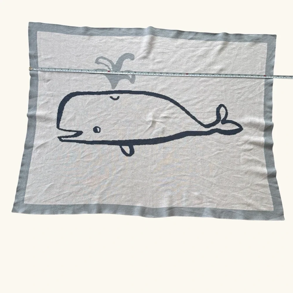 Nordstrom Whale Baby Blanket Blue‎ Gray Cotton Knit Nautical One Size 37.5x28.5